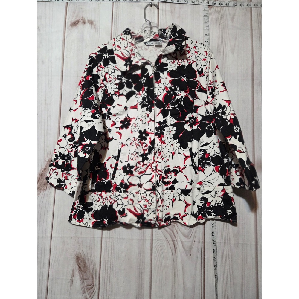 Allison Lane Womens 1X Black Red Floral Zip Up‎ Jacket 3/4 Sleeve Lightweight